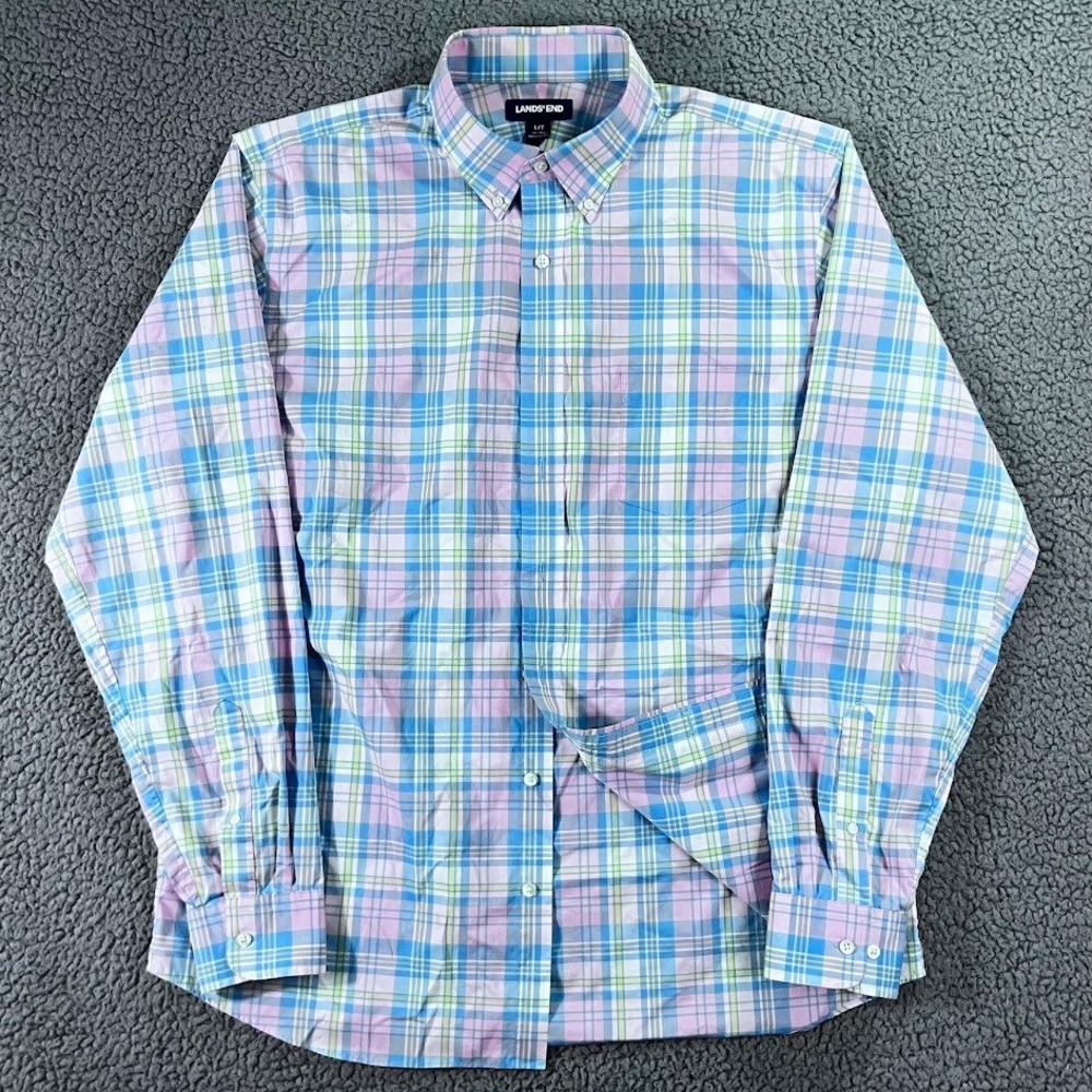 Lands End Mens Tall Large L/T Plaid Button‎ Down Shirt Blue Pink Cotton Poplin